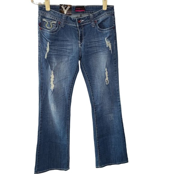 Rock Paper Sexy Womens 31 Blue Medium Wash Denim Distressed Bootcut Jeans NWT - Picture 1 of 9